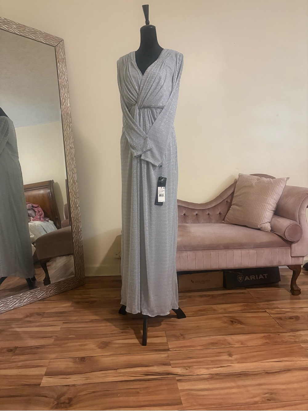 Elegant Silver Long Sleeve Cepiece Maxi Dress, Never Worn